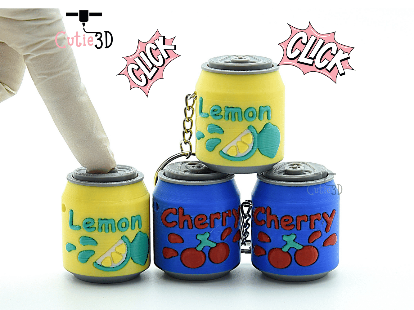 🍋 Cutie3D Lemon Cherry Soda Can Set of Keycap Clicker Keychains